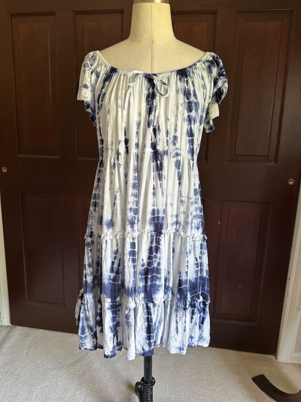 NWOT blue tie dye BOHO Me on/off the shoulder dress Large